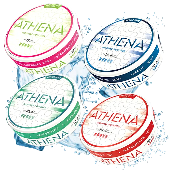 four flavored ice containers with water | Athena Nicotine Pouches