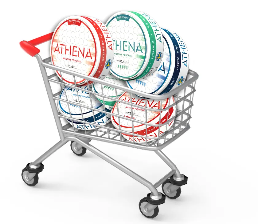 Six flavored containers in cart | Athena Nicotine Pouches